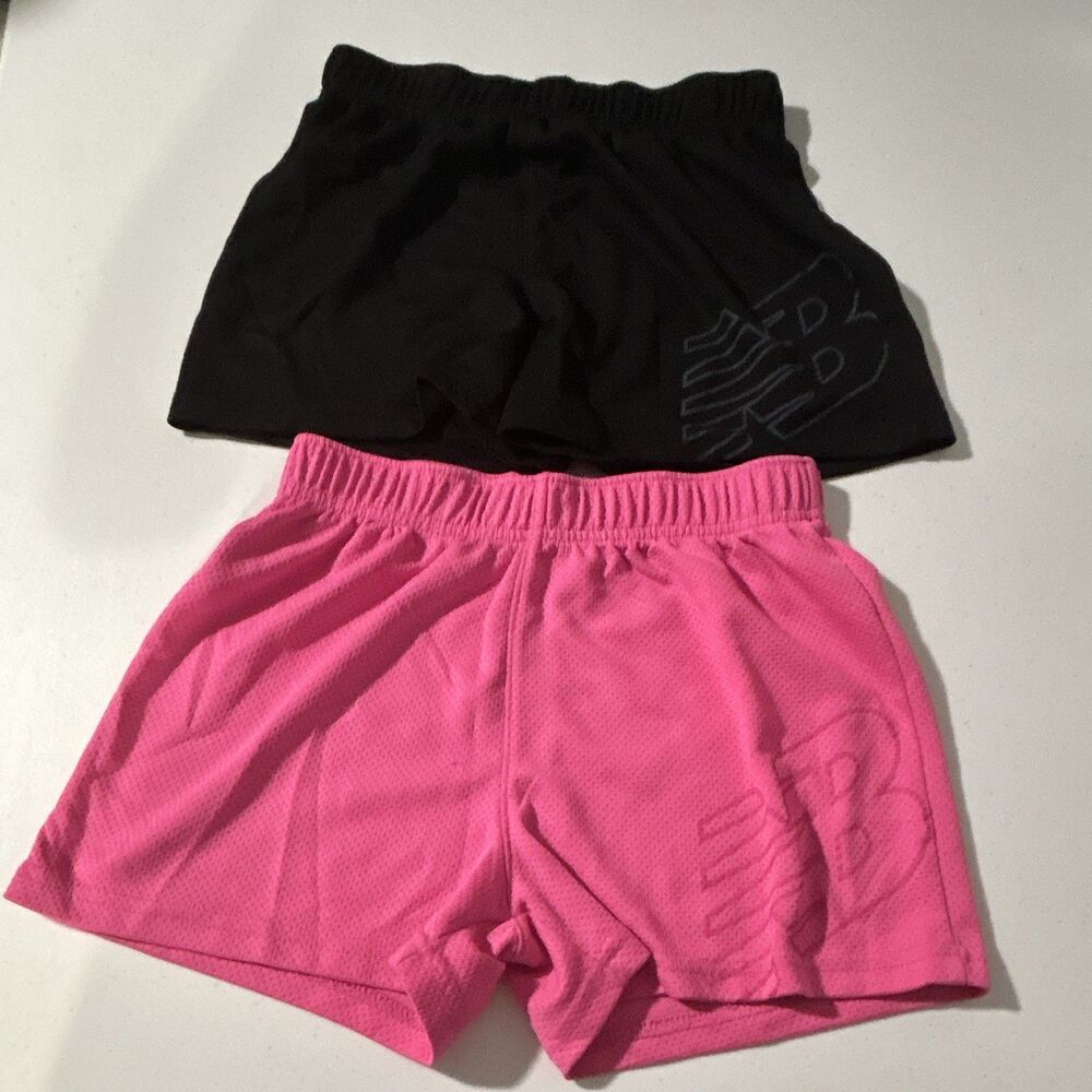 New Balance Girls Athletic Mesh Shorts Pink/Black Logo Elastic Waist Size 10-12